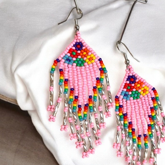 Pink and Silver Beaded Chandelier Earrings Pink Pony Club inspired - Picture 9 of 16